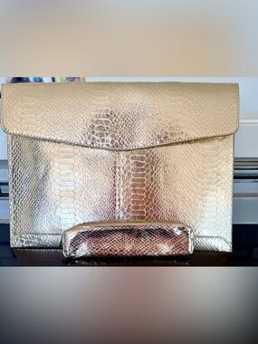 Metallic Croc-Embossed Envelope Clutch & Matching Pouch.